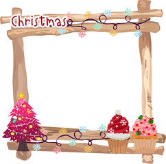Christmas wooden frame illustration on transparent background.

