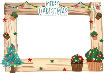 Christmas wooden frame illustration on transparent background.

