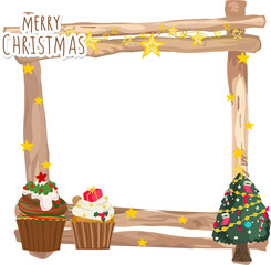 Christmas wooden frame illustration on transparent background.
