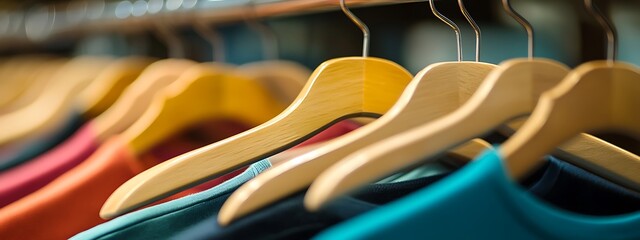Wooden hangers with colorful clothes hanging on them.