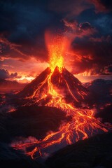 Volcanic eruption at dusk, with molten lava flowing through a desolate landscape, the sky illuminated by the fiery glow of the eruption