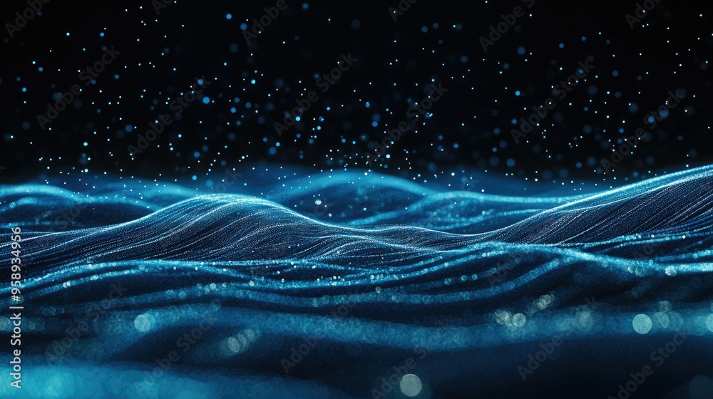 Poster dynamic blue particle lines forming horizontal waves and undulating across a black backdrop, ideal f