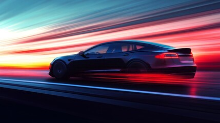 A sleek black car speeding along a vibrant, blurred landscape at sunset.
