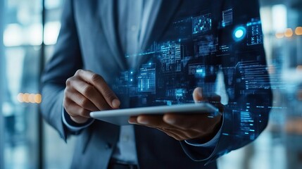 A professional using a tablet with a digital interface, symbolizing innovation and technology in a modern workspace.