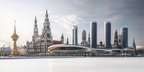 Obraz premium Futuristic Skyline Blending Historical and Modern Architecture