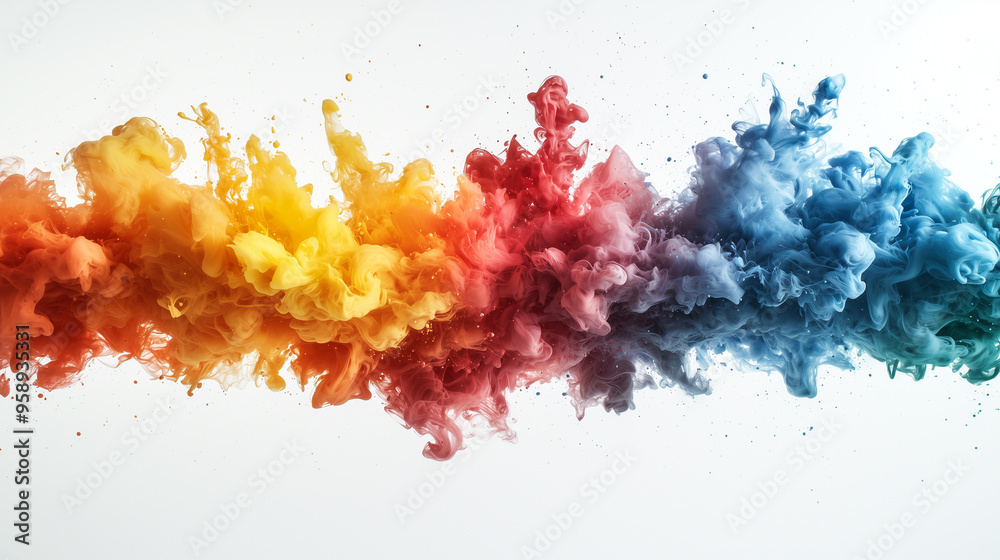 Poster Explosion of Colorful Acrylic. A vibrant explosion of colorful smoke swirling dynamically, creating an abstract visual effect.