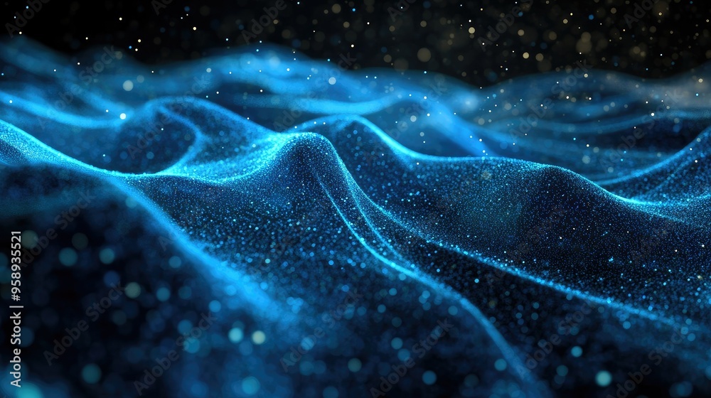 Poster dynamic horizontal blue particle lines undulating in a 3d space against a black backdrop, representi