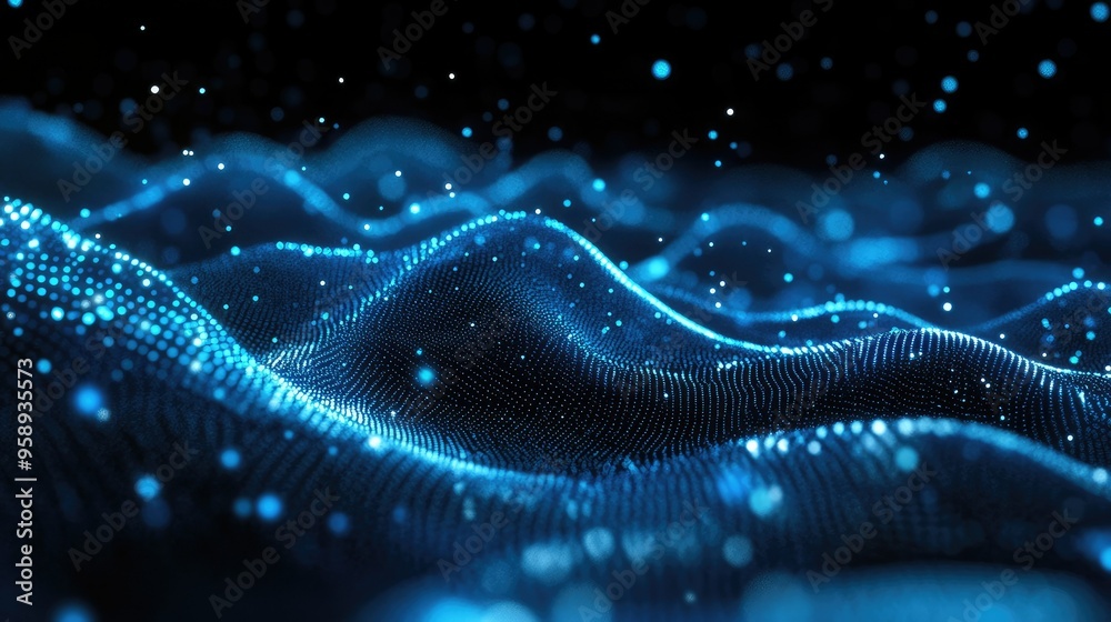 Poster dynamic horizontal blue particle lines undulating in a 3d space against a black backdrop, representi
