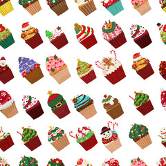 Cartoon christmas cupcakes seamless pattern background.
