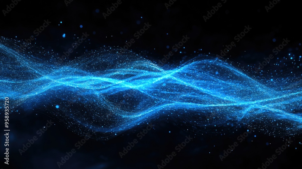 Poster dynamic horizontal blue particle lines undulating in a 3d space against a black backdrop, representi