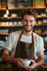 Authentic high-end occupational of Caucasian barista serving coffee to viewer from gray background filled with various items on shelves. Smiling man stands central in frame wearing white shirt, brown