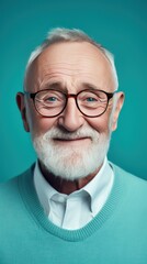 Teal background Happy european white man grandfather realistic person portrait of young beautiful Smiling old man Isolated on Background Banner