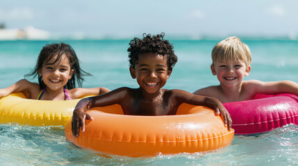 Three joyful children enjoy a sunny day in the water with colorful inflatable rings, embodying summer fun and friendship.