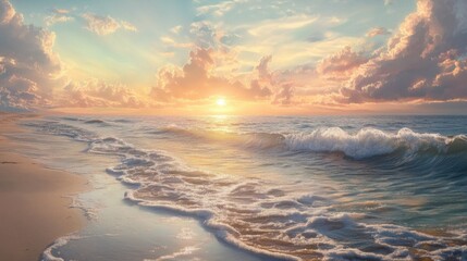 A calm beach scene with the sun low in the sky, gentle waves lapping the shore, and the sky filled with soft pastels.