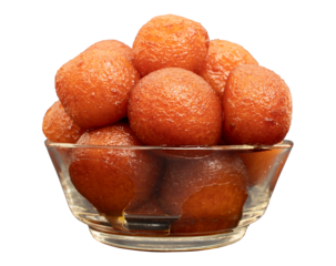 Gulab jamun Indian Sweet or dessert in transparent glass bowl on transparent background