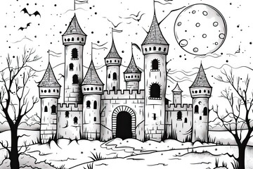 Obraz premium Haunted castle with spooky trees and full moon, perfect Halloween coloring page