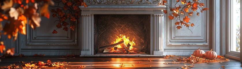 Obraz premium A cozy fireplace surrounded by autumn leaves, creating a warm and inviting atmosphere for relaxation and comfort.