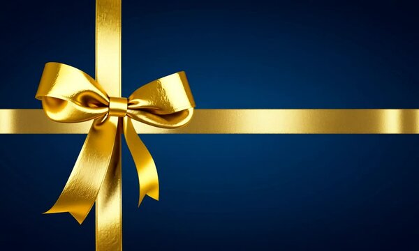 Elegant golden ribbon tied in a bow over a rich blue background for gift wrapping or holiday celebration theme