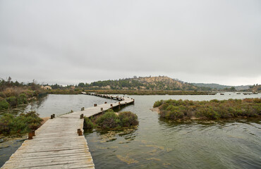 Wooden walkway with several small curves surrounded by water and vegetation with a town on the horizon with the sky with gray clouds
