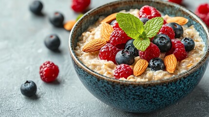 A hearty bowl of oatmeal topped with fresh berries and almonds, perfect for a nutritious breakfast or snack.