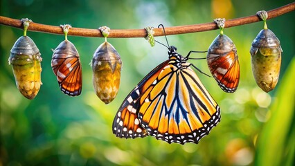 Obraz premium Macro footage of a butterfly emerging from a chrysalis, spreading wings, and flying away, showcasing the complete metamorphosis from caterpillar to adult.