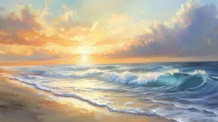 A calm beach scene with the sun low in the sky, gentle waves lapping the shore, and the sky filled with soft pastels.