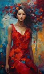 A beautifully surreal portrait of a woman in a vibrant red dress