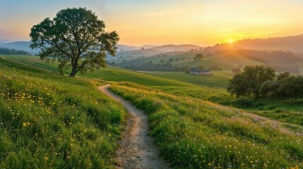 Obraz premium Serene Rural Landscape with Path at Sunrise
