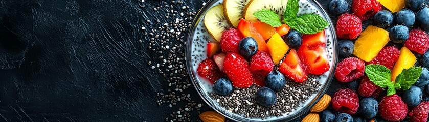 Obraz premium A vibrant bowl of mixed fruits, chia seeds and mint leaves, perfect for a healthy snack or breakfast option.