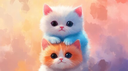 Three cats with white, orange, and blue fur stacked together, black eyes, pink ears, and a soft, colorful background, in a cute digital illustration for children