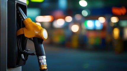A close-up of a fuel pump nozzle at a gas station, illuminated by soft background lights.