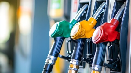 A close-up of fuel nozzles in green, yellow, and red at a gas station, ready for refueling vehicles.