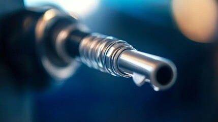 A close-up of a metallic fuel nozzle, highlighting its design and functionality for refueling vehicles.