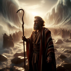 Cinematic realist portrayal of Moses, standing firm with his staff raised, as the Red Sea parts miraculously. Bliblical illustration of Moses and the Red Sea 