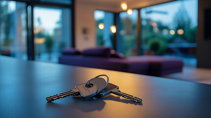 Close-up of house keys placed on a table in a stylish, modern luxury home with a blurred living room background.
