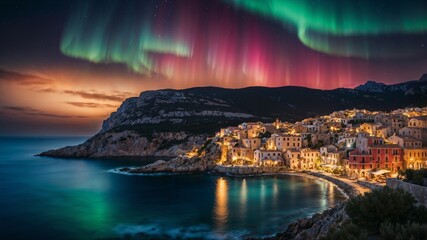 Fototapeta premium A Mediterranean coastal village under the Aurora Borealis