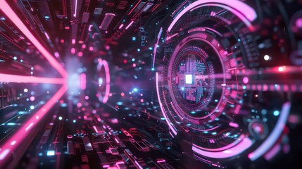 Abstract futuristic tunnel with pink and blue lights and a glowing circular display.