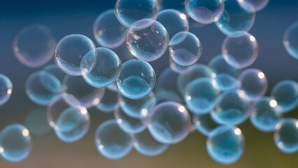 Group of soap bubbles floating in the air on blue background