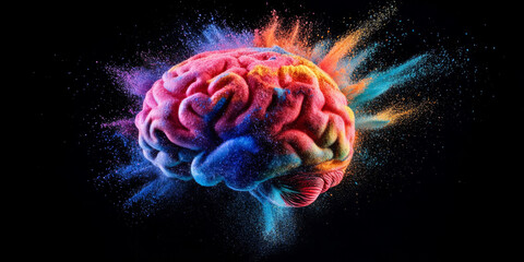 Vibrant, multicolored brain explodes with energy and color, symbolizing creativity, intelligence, and abstract thinking on a dark background.
