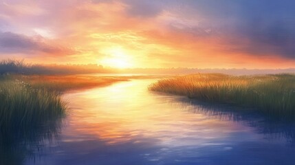 Fototapeta premium A calming painting of a stream at sunrise, with soft pastels and reflections of the sky in the water.