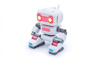 Obraz premium Cute robotic toy with bright eyes, perfect for tech-themed projects and children's educational materials.
