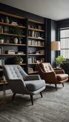 A modern lounge featuring comfortable armchairs and a bookshelf, offering a cozy reading nook.