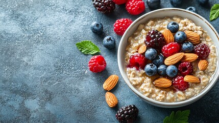 Healthy oatmeal topped with fresh berries and almonds, perfect for a nutritious breakfast or snack.