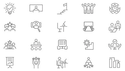 Business workshop line icon collection. Presentation, building, teamwork, coaching, meeting, community, team, managing, coaching, goal, people icon set. UI outline icon pack