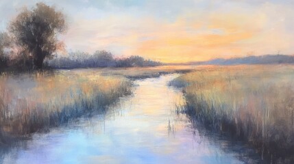 A calming painting of a stream at sunrise, with soft pastels and reflections of the sky in the water.