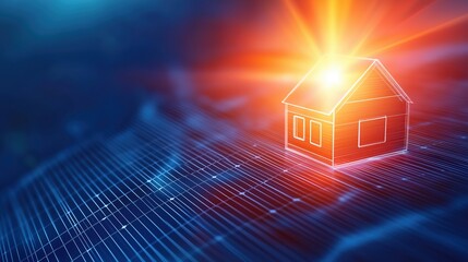 A smart home emerging from an abstract swirl of solar energy, showcasing the connection between sun and technology