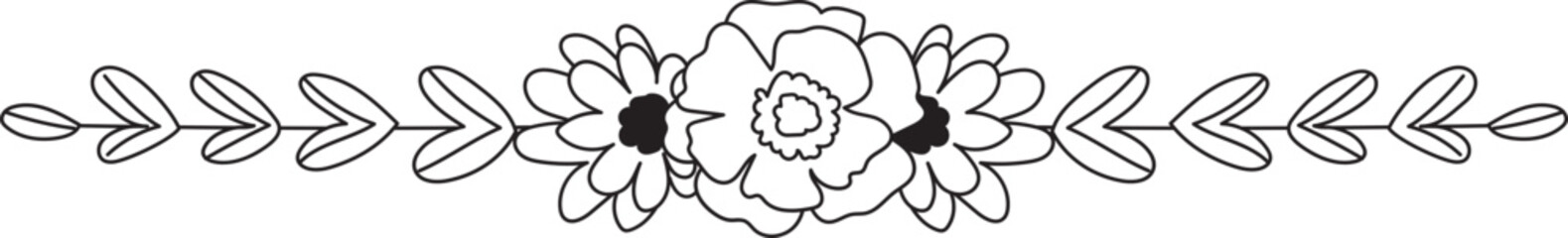 Hand drawn flower line border illustration on transparent background.
