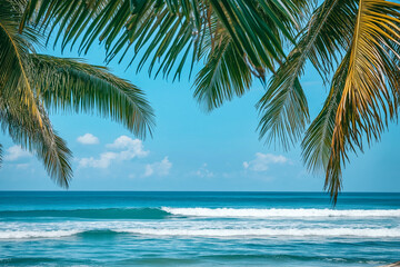 tropical paradise beach with white sand and blue sky and cloud background.