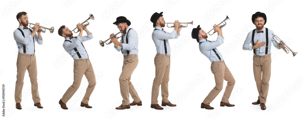 Wall mural man playing trumpet isolated on white. collection of photos