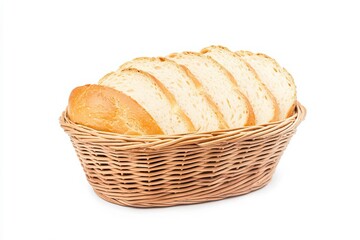 Freshly baked bread slices arranged neatly in a wicker basket, perfect for breakfast or bakery themed projects.